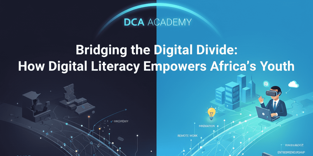 A graphic for "DCA ACADEMY" titled "Bridging the Digital Divide: Digital Literacy Empowers Africa's Youth." The image is split, with the left side being dark blue/black (representing the divide) and the right side being bright blue (representing empowerment). In the center, a white silhouette of the continent of Africa is connected by glowing digital lines