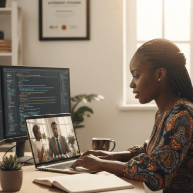 An African woman with her hair in twists is seated comfortably at a wooden desk in a bright, modern home office. She is focused on a laptop screen, wearing a casual professional outfit, and taking notes in a notebook next to her. The setting conveys a successful remote internship experience.