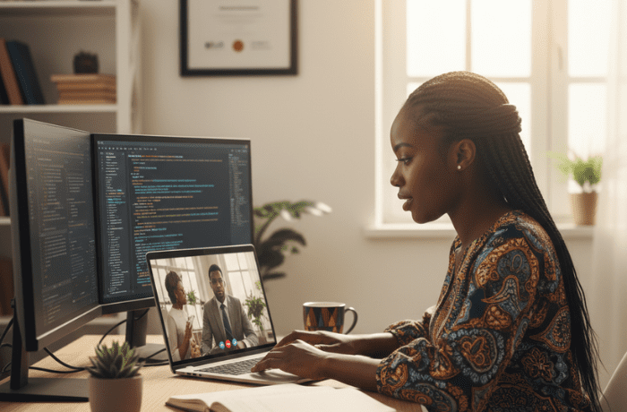 An African woman with her hair in twists is seated comfortably at a wooden desk in a bright, modern home office. She is focused on a laptop screen, wearing a casual professional outfit, and taking notes in a notebook next to her. The setting conveys a successful remote internship experience.
