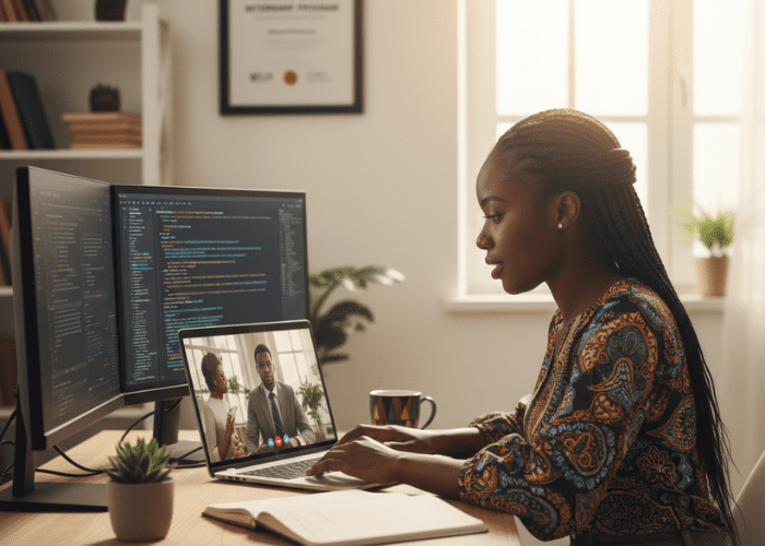 An African woman with her hair in twists is seated comfortably at a wooden desk in a bright, modern home office. She is focused on a laptop screen, wearing a casual professional outfit, and taking notes in a notebook next to her. The setting conveys a successful remote internship experience.