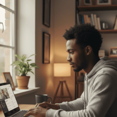 A young African professional sits at a desk in a cozy, sunlit home office, focused on a laptop screen. The desk is neatly organized with a notebook and a coffee mug, reflecting a realistic and modern remote learning or work-from-home setting