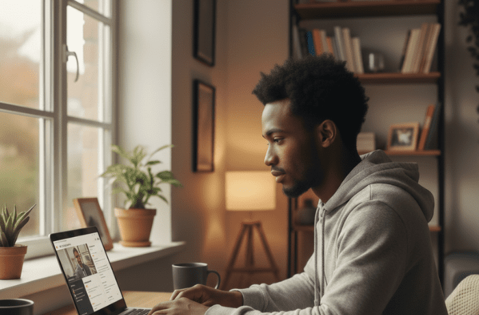 A young African professional sits at a desk in a cozy, sunlit home office, focused on a laptop screen. The desk is neatly organized with a notebook and a coffee mug, reflecting a realistic and modern remote learning or work-from-home setting
