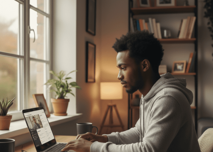 A young African professional sits at a desk in a cozy, sunlit home office, focused on a laptop screen. The desk is neatly organized with a notebook and a coffee mug, reflecting a realistic and modern remote learning or work-from-home setting