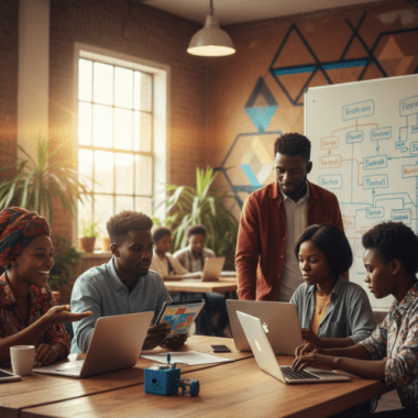 A dynamic scene of young African entrepreneurs or students collaborating around a laptop and discussing plans, representing digital skill acquisition, mentorship, and startup development.
