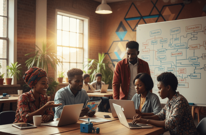A dynamic scene of young African entrepreneurs or students collaborating around a laptop and discussing plans, representing digital skill acquisition, mentorship, and startup development.