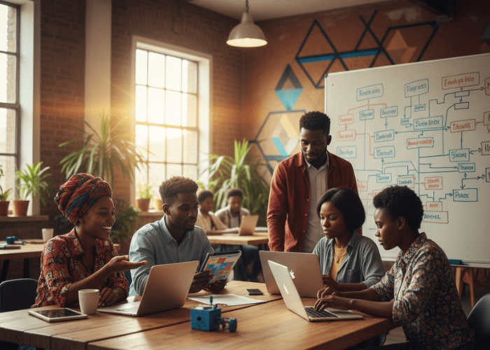 A dynamic scene of young African entrepreneurs or students collaborating around a laptop and discussing plans, representing digital skill acquisition, mentorship, and startup development.