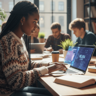 A focused African student uses a laptop in a bright, modern classroom, representing the growth of AI and digital education in Africa through hands-on, empowered learning.