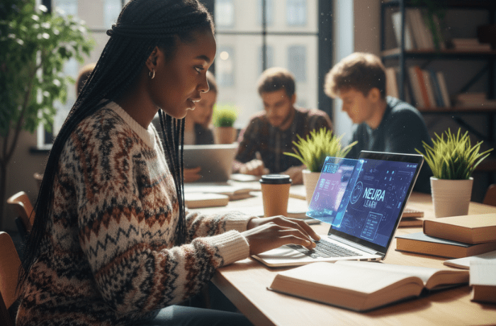 A focused African student uses a laptop in a bright, modern classroom, representing the growth of AI and digital education in Africa through hands-on, empowered learning.
