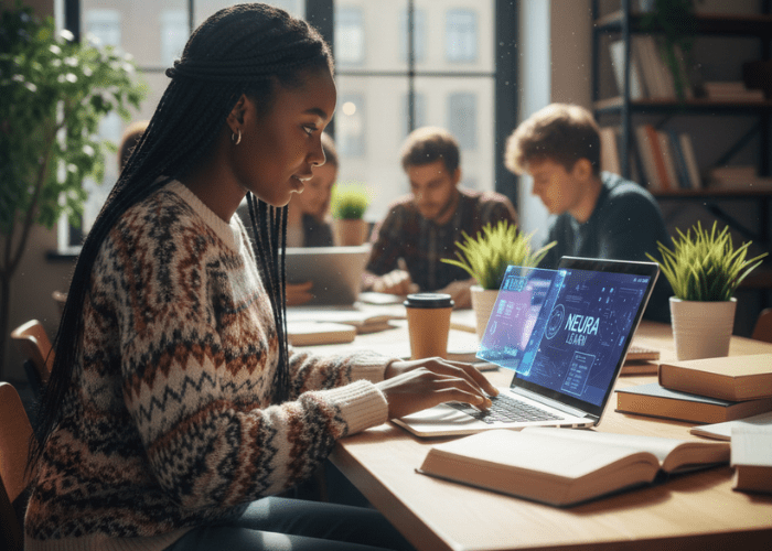 A focused African student uses a laptop in a bright, modern classroom, representing the growth of AI and digital education in Africa through hands-on, empowered learning.