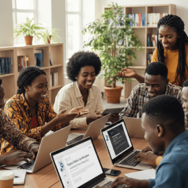 A focused African student using a laptop in a modern, sunlit classroom, illustrating the implementation of digital certificates in African education and the future of tech-driven learning
