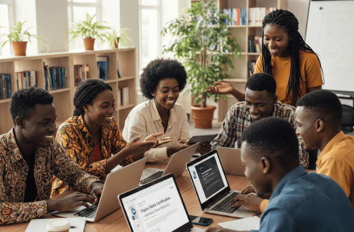 A focused African student using a laptop in a modern, sunlit classroom, illustrating the implementation of digital certificates in African education and the future of tech-driven learning
