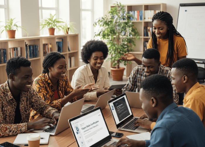 A focused African student using a laptop in a modern, sunlit classroom, illustrating the implementation of digital certificates in African education and the future of tech-driven learning