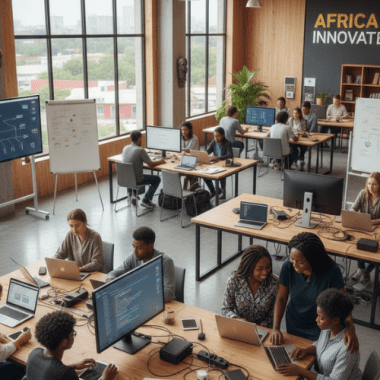 African professionals collaborating on digital projects at DCA Academy, building skills and capacity through teamwork and mentorship.