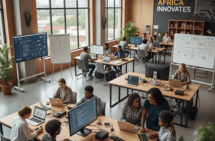 African professionals collaborating on digital projects at DCA Academy, building skills and capacity through teamwork and mentorship.