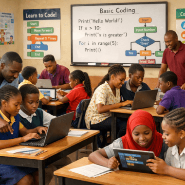 African students learning coding in a modern classroom, guided by teachers and using laptops to build digital skills