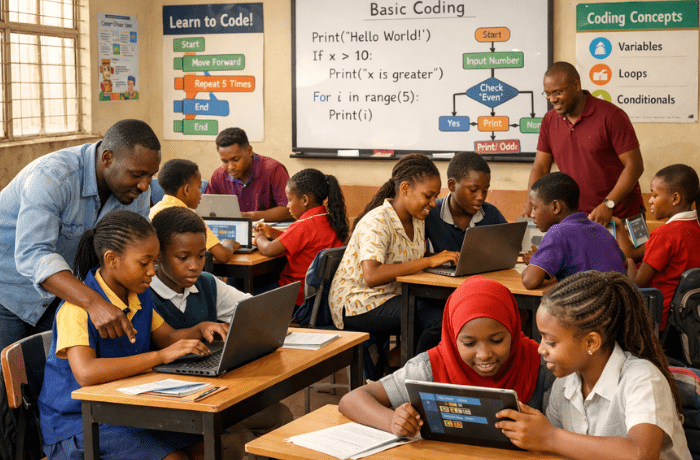 African students learning coding in a modern classroom, guided by teachers and using laptops to build digital skills