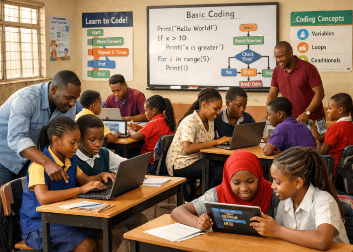African students learning coding in a modern classroom, guided by teachers and using laptops to build digital skills