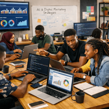 Young African professionals collaborating on digital projects, including coding, AI, and digital marketing, preparing for emerging careers in the tech sector.