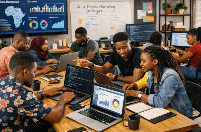 Young African professionals collaborating on digital projects, including coding, AI, and digital marketing, preparing for emerging careers in the tech sector.