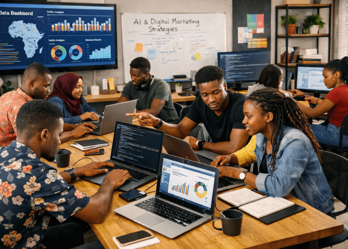 Young African professionals collaborating on digital projects, including coding, AI, and digital marketing, preparing for emerging careers in the tech sector.