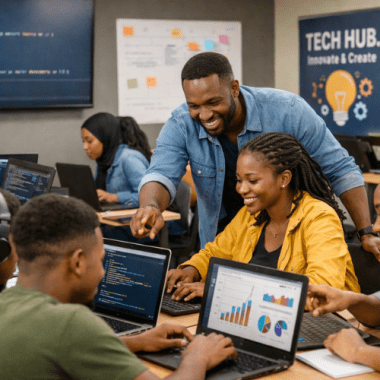 African students participating in digital skills training with mentorship and hands-on learning, representing upskilling Africa’s tech workforce.