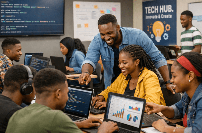 African students participating in digital skills training with mentorship and hands-on learning, representing upskilling Africa’s tech workforce.