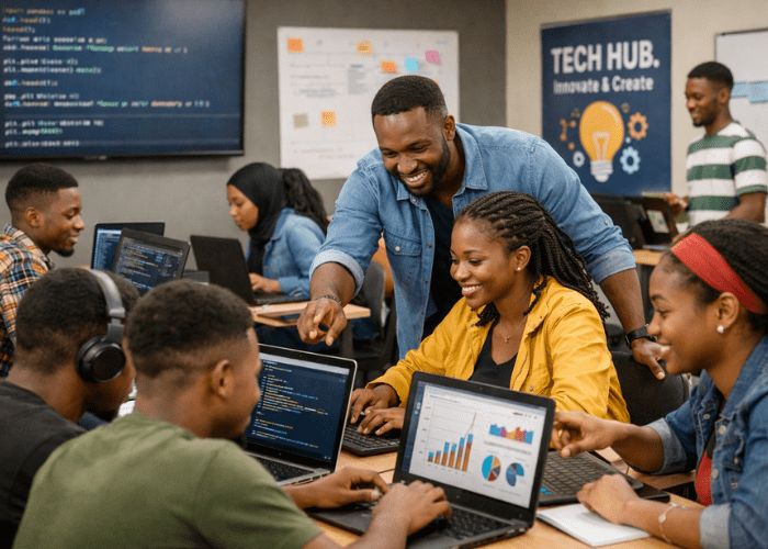 African students participating in digital skills training with mentorship and hands-on learning, representing upskilling Africa’s tech workforce.