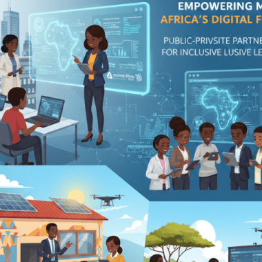 African students, teachers, and professionals participating in technology-enabled education programs supported by public-private partnerships, using laptops and digital tools.