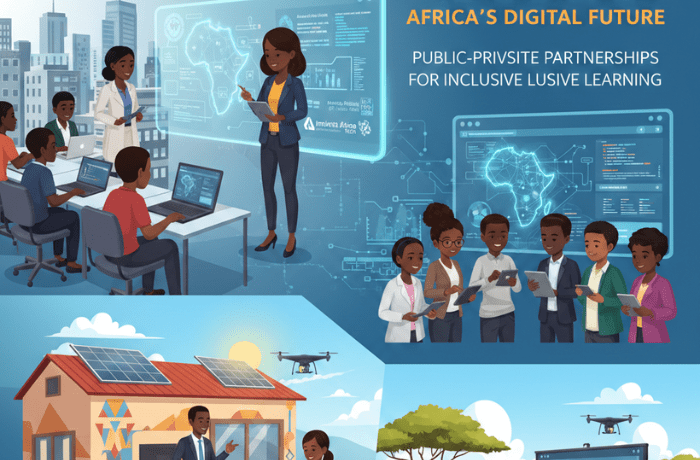 African students, teachers, and professionals participating in technology-enabled education programs supported by public-private partnerships, using laptops and digital tools.