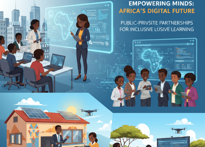 African students, teachers, and professionals participating in technology-enabled education programs supported by public-private partnerships, using laptops and digital tools.