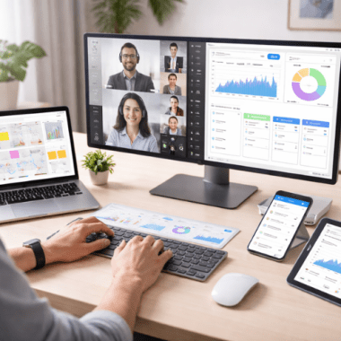 Illustration of a remote worker using digital communication tools like video calls, chat, and virtual whiteboards in a modern workspace