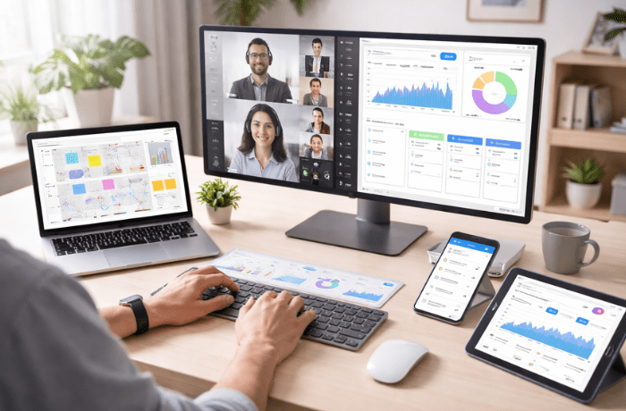 Illustration of a remote worker using digital communication tools like video calls, chat, and virtual whiteboards in a modern workspace