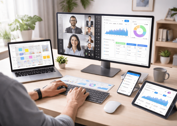 Illustration of a remote worker using digital communication tools like video calls, chat, and virtual whiteboards in a modern workspace